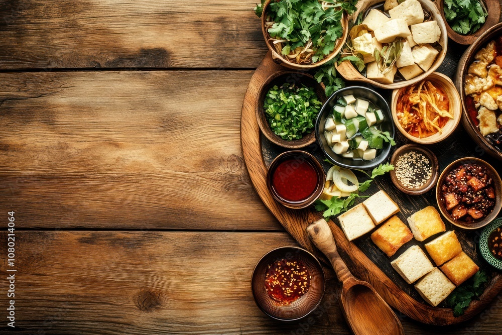 A wooden platter filled with various ingredients for a meal preparation. A wooden platter filled with various ingredients for a meal preparation.