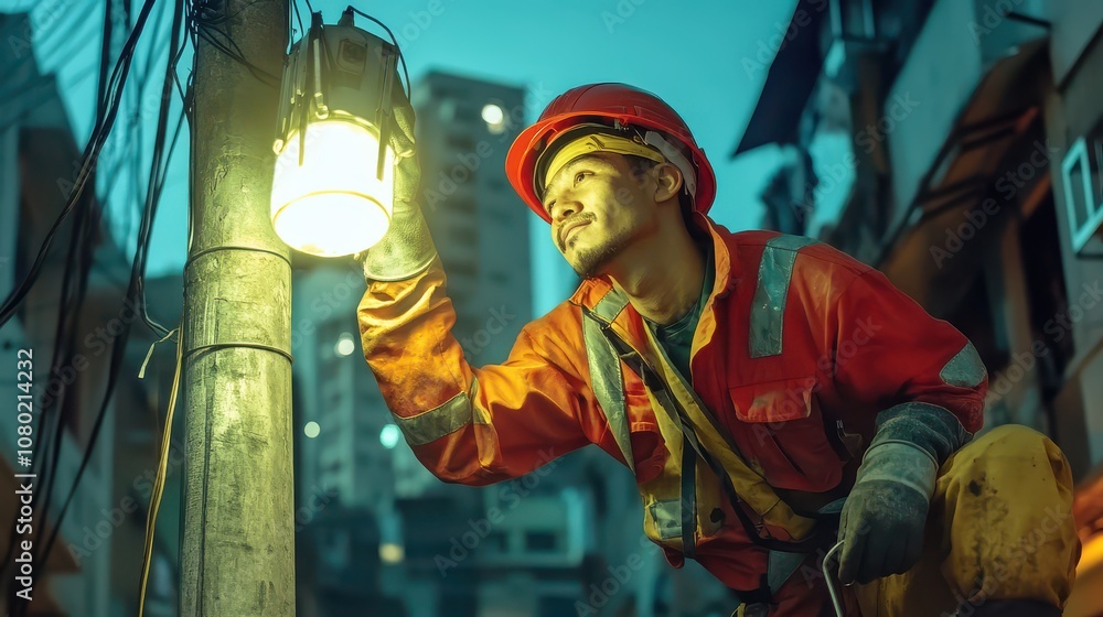 Obraz premium Urban Worker Fixing Streetlight at Dusk