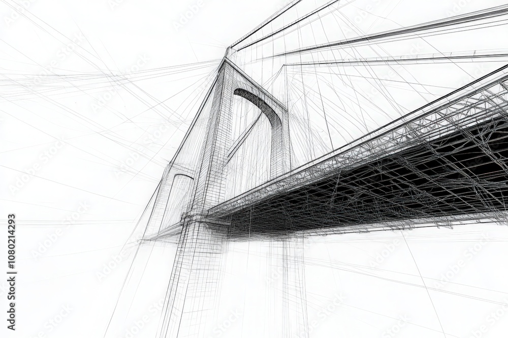 This technical sketch illustrates a modern suspension bridge, showcasing detailed structural elements and engineering features. This technical sketch illustrates a modern suspension bridge, showcasing detailed structural elements and engineering features.