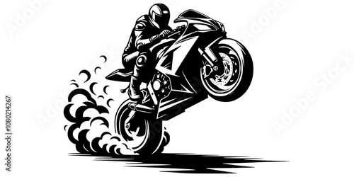 sport bike performing a wheelie, with smoke trailing off the rear tire for a dynamic effect