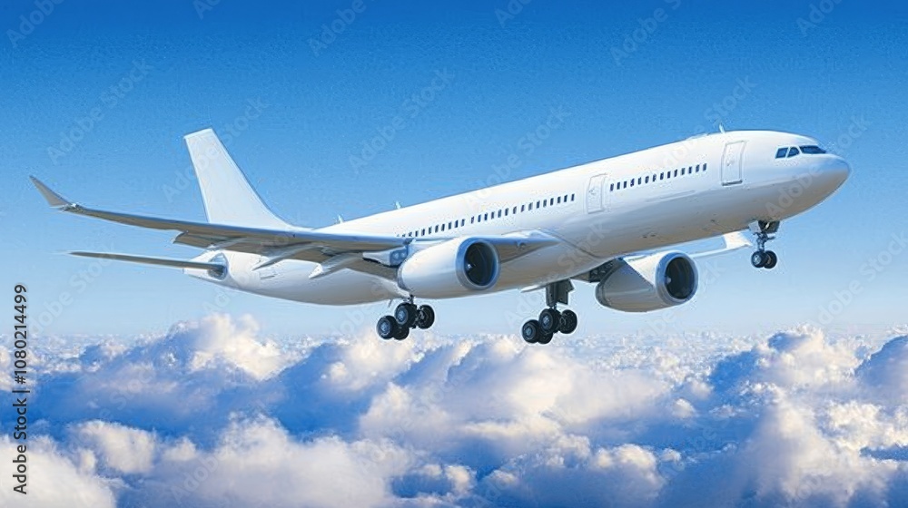 Modern White Passenger Airplane Soaring Gracefully Through a Bright Cloudy Sky on a Sunny Day Modern White Passenger Airplane Soaring Gracefully Through a Bright Cloudy Sky on a Sunny Day