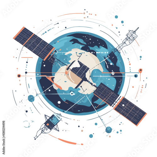Satellite orbiting the earth. Vector illustration of a satellite orbiting the planet Earth..eps