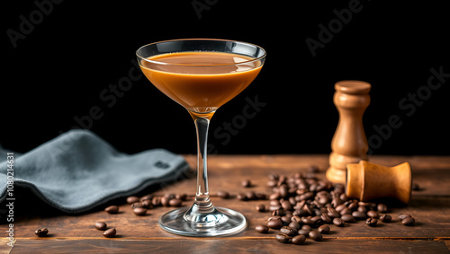 Glass of delicious espresso martini, jigger and coffee beans on wooden table against black background, closeup photo