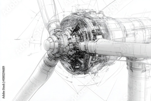This technical sketch illustrates a detailed wind turbine design, focusing on the internal structures and mechanisms. The drawing emphasizes the complexity of the turbines operation.