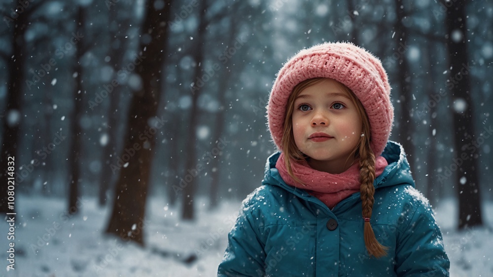 A young girl with braided hair, wearing a pink hat and blue jacket, gazes at the gently falling snow in the forest. A young girl with braided hair, wearing a pink hat and blue jacket, gazes at the gently falling snow in the forest.