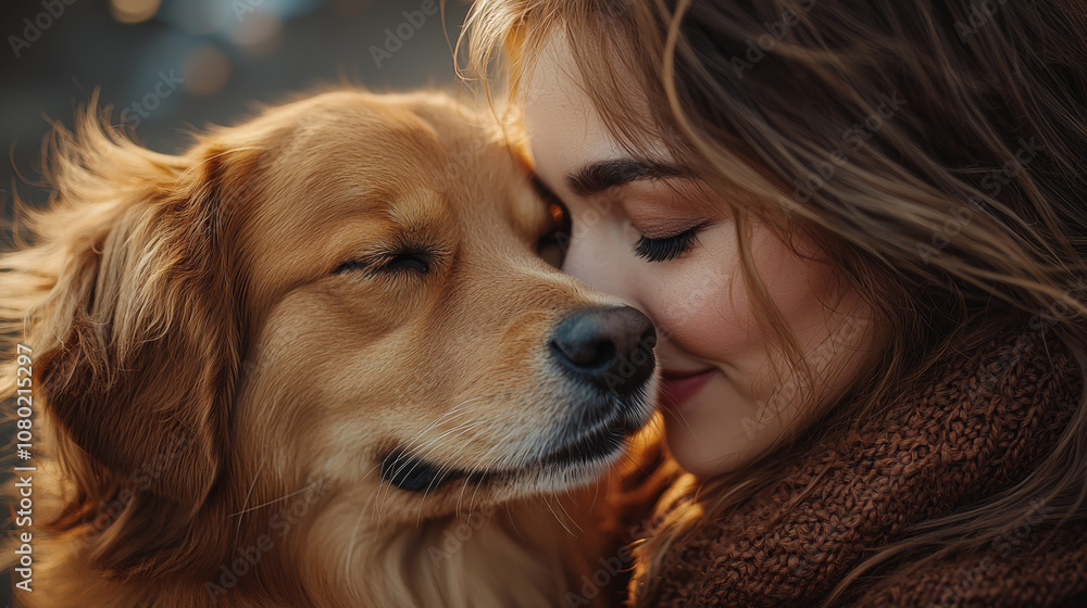 joyful moment shared between woman and her golden retriever, showcasing their close bond and affection. warm sunlight enhances emotional connection joyful moment shared between woman and her golden retriever, showcasing their close bond and affection. warm sunlight enhances emotional connection