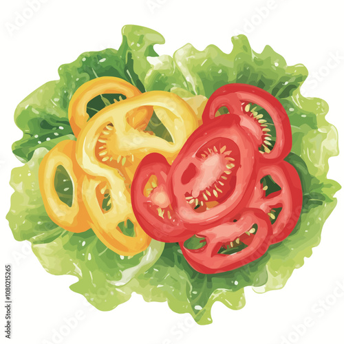 Sliced red and yellow pepper on a green salad. Vector illustration..eps