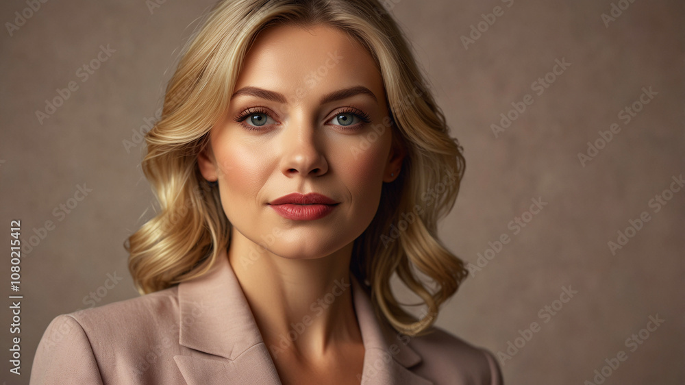 Naklejka premium Portrait of a blonde woman with curly hair wearing a blush blazer, smiling softly in a soft backdrop.
