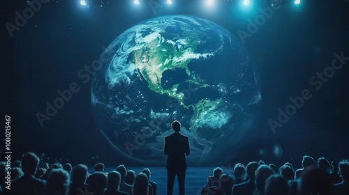 Engaging Public Speaker Delivering Inspirational Message to Captive Audience with Stunning Visuals of Earth Projected in Background