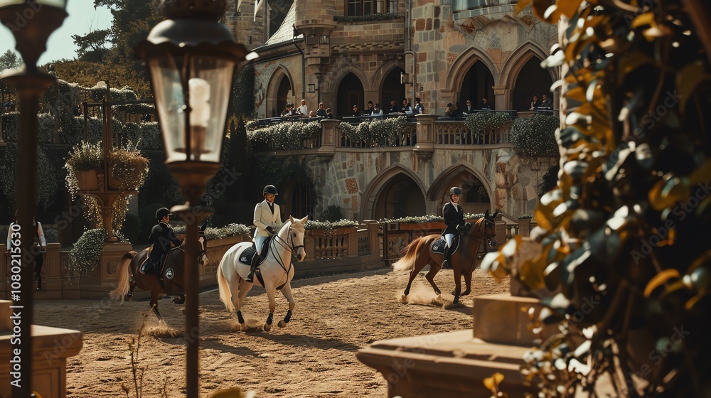 Fototapeta premium People on horseback ride in front of a large castle.