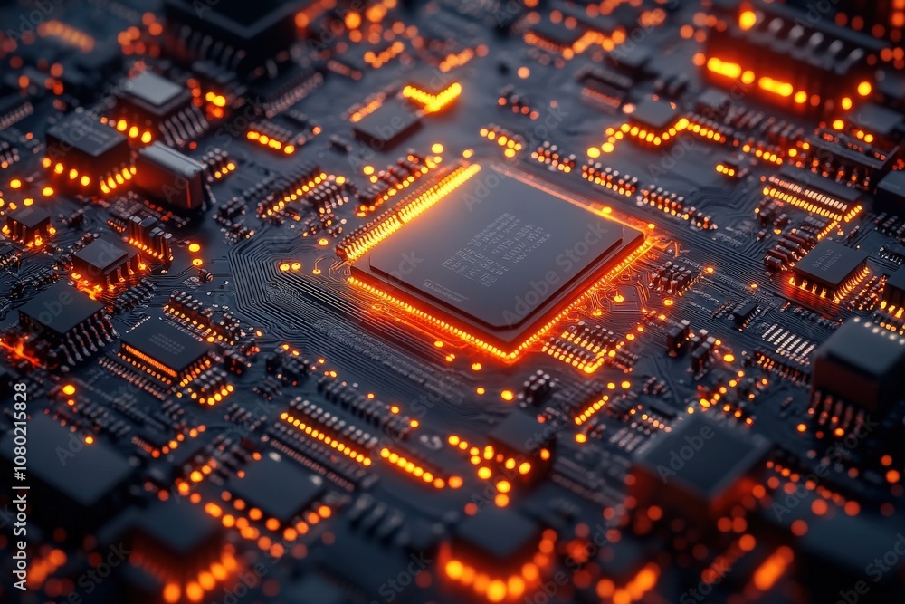 A detailed view reveals a complex circuit board illuminated by orange lights. The arrangement of components highlights the advanced technology and intricate design of electronic systems. A detailed view reveals a complex circuit board illuminated by orange lights. The arrangement of components highlights the advanced technology and intricate design of electronic systems.