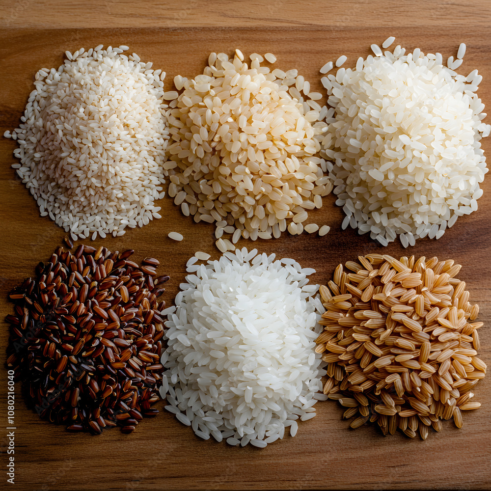 Raw rice grains on a wooden kitchen countertop. Showing different types of rice varieties like jasmine, basmati, and brown rice. Focusing on diversity in cooking ingredients. Raw rice grains on a wooden kitchen countertop. Showing different types of rice varieties like jasmine, basmati, and brown rice. Focusing on diversity in cooking ingredients.