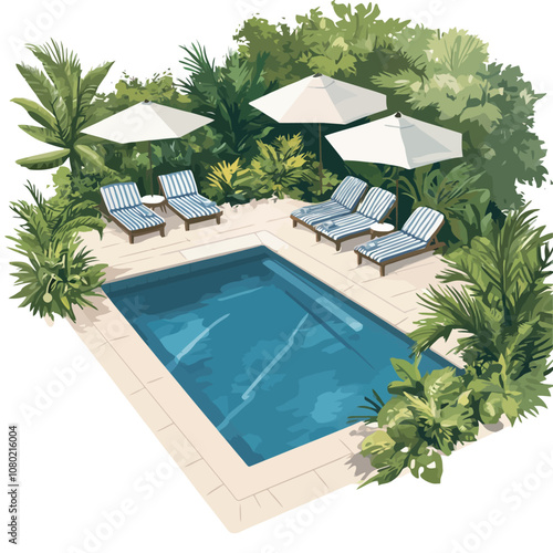 Swimming pool with sun loungers and umbrellas. Vector illustration..eps