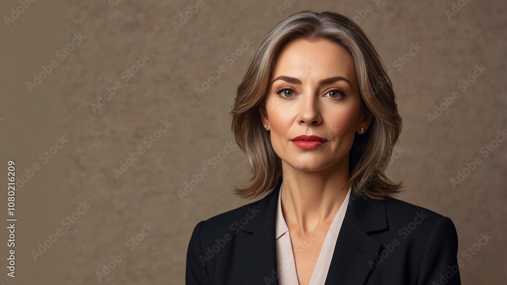 Elegant woman in a black blazer with professional demeanor, styled hair, and a classic expression on her face.