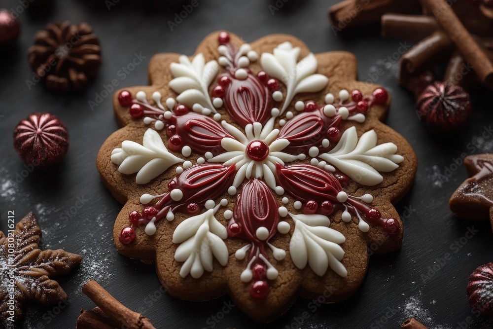 The festive gingerbread cookie features intricate designs in red and white icing, surrounded by cinnamon sticks and decorative sweets. This delightful treat embodies the holiday spirit beautifully. The festive gingerbread cookie features intricate designs in red and white icing, surrounded by cinnamon sticks and decorative sweets. This delightful treat embodies the holiday spirit beautifully.