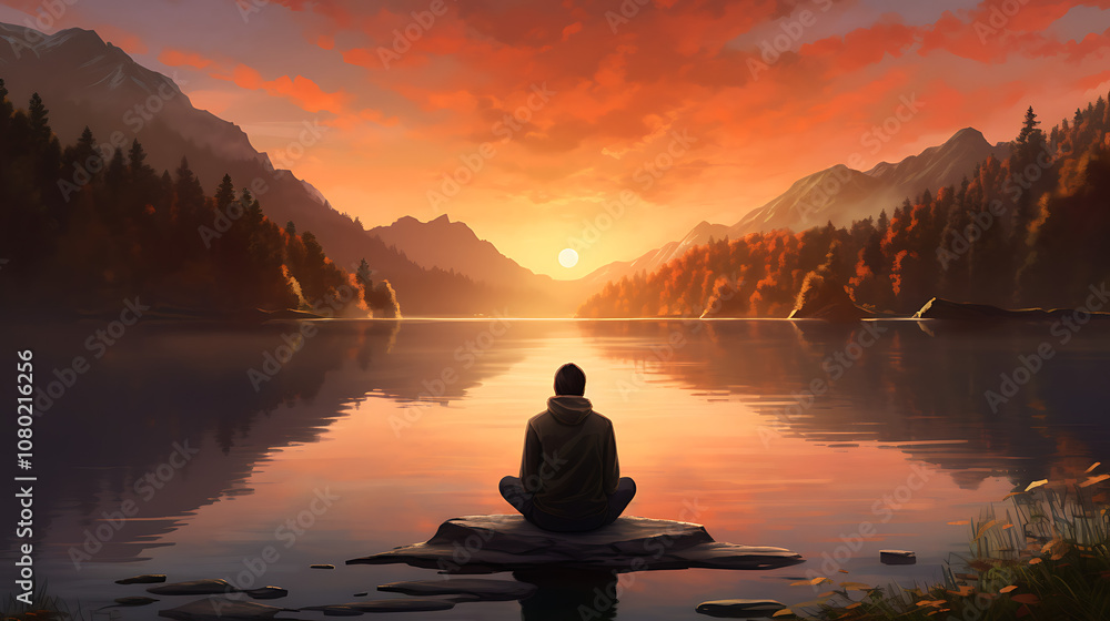 Serene Landscape of Meditation by a Tranquil Lake at Sunrise for Inner Peace and Life Balance Serene Landscape of Meditation by a Tranquil Lake at Sunrise for Inner Peace and Life Balance