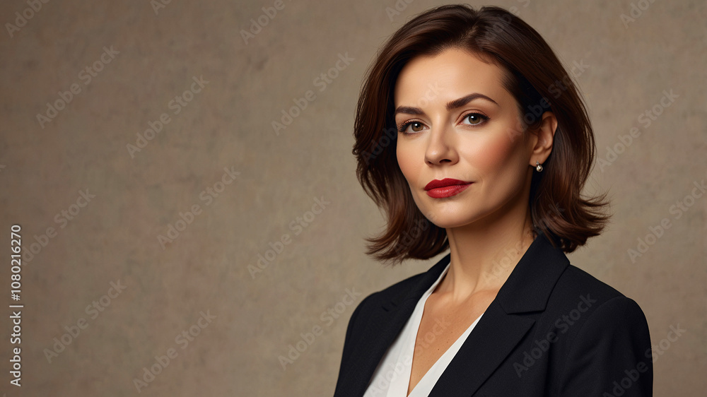 Stylish woman in black suit, exuding professionalism and confidence, against a subdued backdrop. Stylish woman in black suit, exuding professionalism and confidence, against a subdued backdrop.