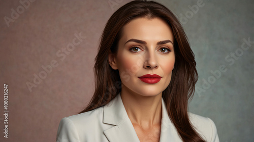 Chic woman in a white blazer with long hair and bold red lipstick, looking confidently into the camera.