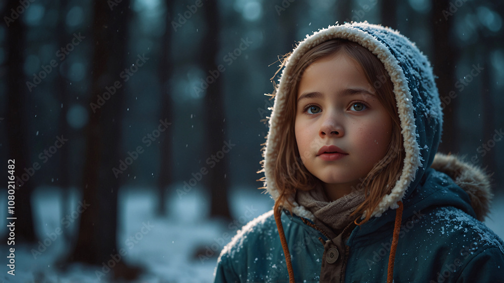 Child standing in serene snowy woods wearing a fur-lined hood, capturing the quiet beauty of a winter day. Child standing in serene snowy woods wearing a fur-lined hood, capturing the quiet beauty of a winter day.