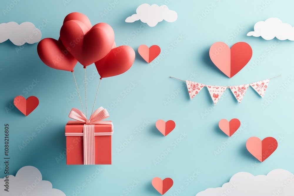 Gift box with heart balloon in the sky and happy valentine s day banners in paper art style Gift box with heart balloon in the sky and happy valentine s day banners in paper art style