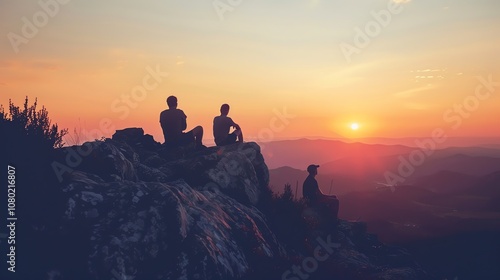 A group of friends watch the sunset from a mountain top.