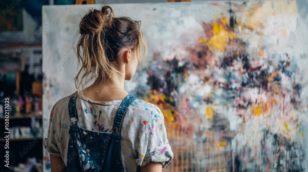 Fototapeta premium Intense artist amidst art in studio setting contemplating painting