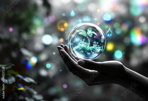 Hand Holding Ecosphere with Plant Growth and Colorful Bokeh Effect photo