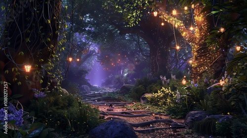 A magical forest with glowing fireflies and a stone path. photo