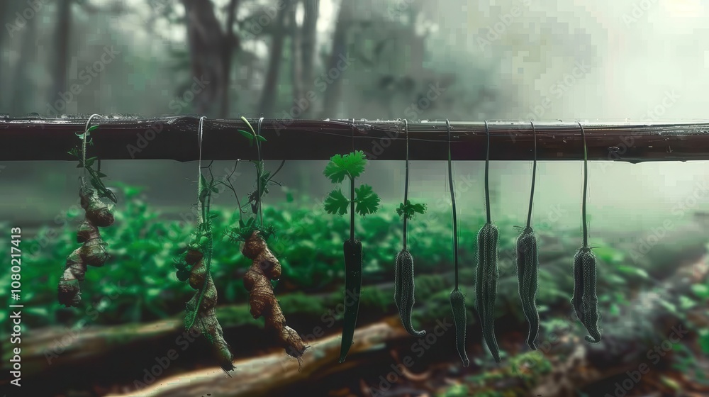 Fototapeta premium Fresh Herb Display: A Vibrant Arrangement of Coriander and Basil Hanging in a Misty Forest Setting with Lush Greenery and Natural Beauty