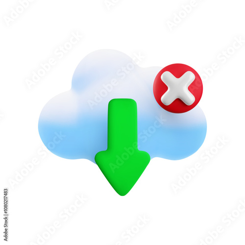 Vector cartoon 3d cloud computing error icon. Realistic render of cloud, download arrow, red cross x sign. Digital cloud technology online service failed download sign, server disconnection concept