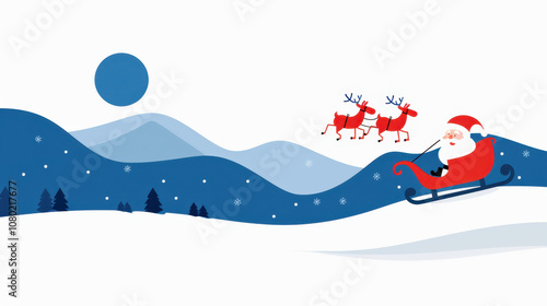 Christmas Eve. A minimalist illustration of Santa Claus with two reindeer pulling his sleigh through snowy hills. Snowflakes gently fall around, adding to the festive atmosphere.
