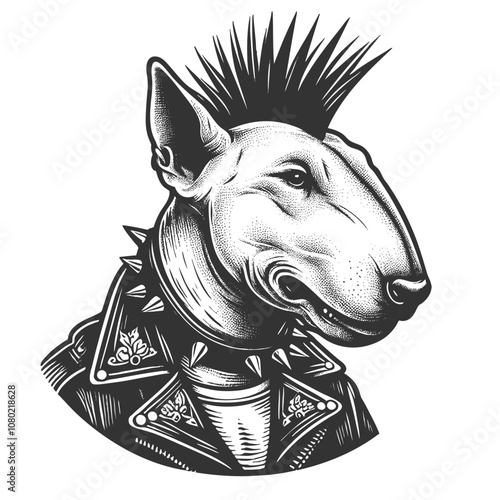 bull terrier in a punk style, leather jacket with flames and a spiked collar. Edgy and bold design. sketch engraving generative ai vector illustration. Scratch board imitation. Black and white image.