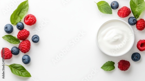 Ripe yoghurt and fresh berries on pristine white background vibrant healthy treat