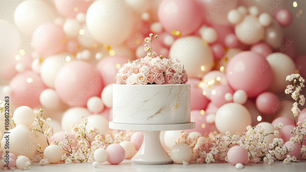 Fototapeta premium Elegant Floral Cake with Balloon and Rose Arch Decoration