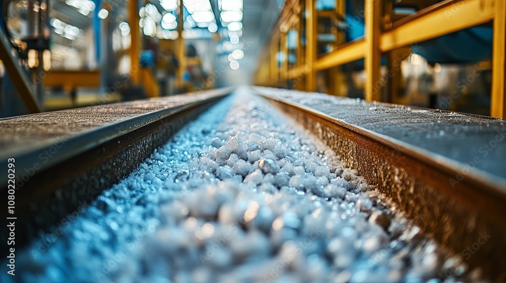 Close-up of White Stones Conveying on a Metal Conveyor Belt in a Factory Setting Close-up of White Stones Conveying on a Metal Conveyor Belt in a Factory Setting