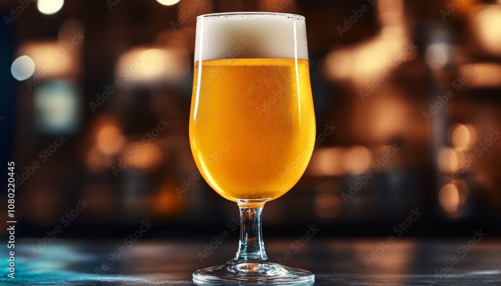 Refreshing Golden Beer in a Tulip Glass Brewery Ambiance with Blurry Warm Toned Background Refreshing Golden Beer in a Tulip Glass Brewery Ambiance with Blurry Warm Toned Background