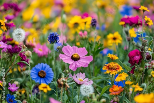 A vibrant field of wildflowers showcasing colorful cosmos, zinnias, daisies, and sunflowers