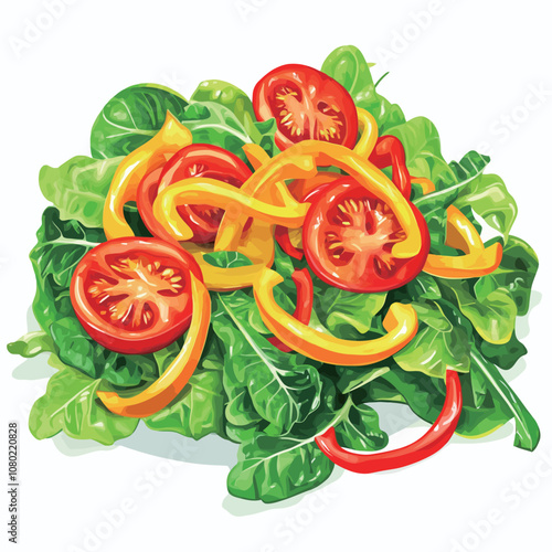 Vegetable salad with tomato, bell pepper and green lettuce. Vector illustration..eps