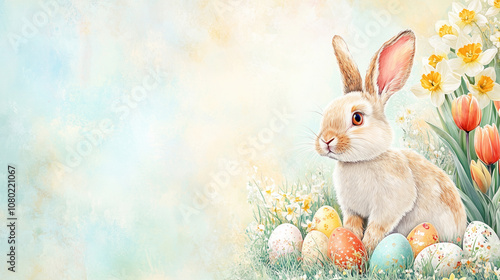 Easter bunny with easter eggs and spring flowers on the background with copy space on theleft. Vintage style greeting card. photo