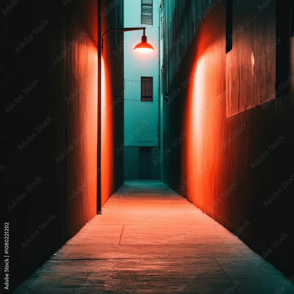 Dark alleyway illuminated by a single flickering streetlight, high artificial contrast, noir film style, intense mood Dark alleyway illuminated by a single flickering streetlight, high artificial contrast, noir film style, intense mood