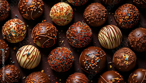 Chocolate candies with colorful sprinkles creating a delightful and tempting background