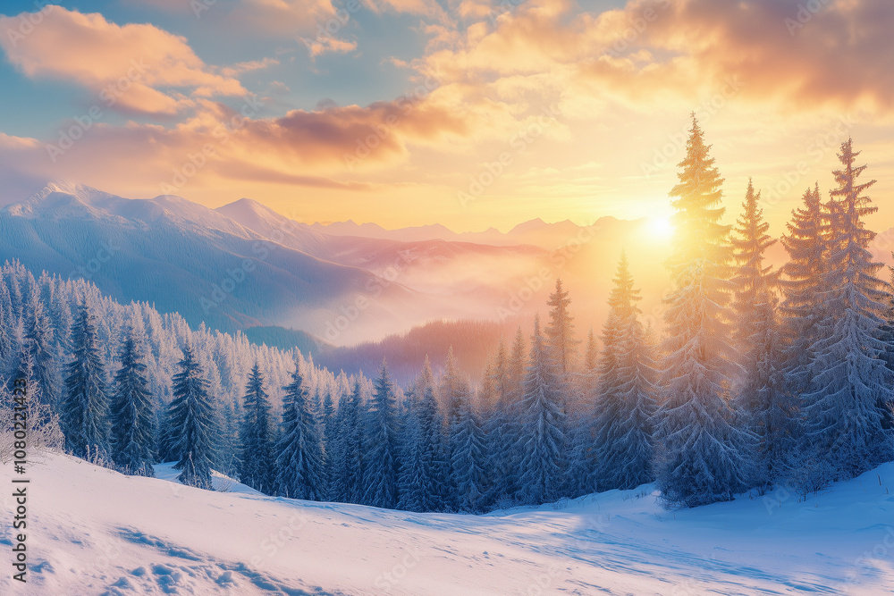 Winter forest with mountain, pine tree and snow. Christmas, new year, winter background. Copy space Winter forest with mountain, pine tree and snow. Christmas, new year, winter background. Copy space