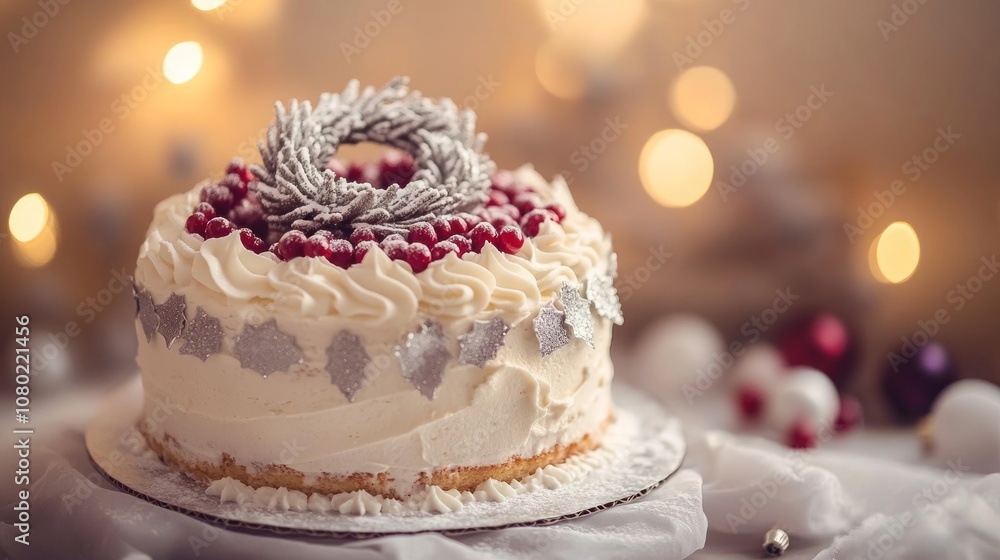 A festive cake adorned with berries and decorative elements, perfect for celebrations. A festive cake adorned with berries and decorative elements, perfect for celebrations.