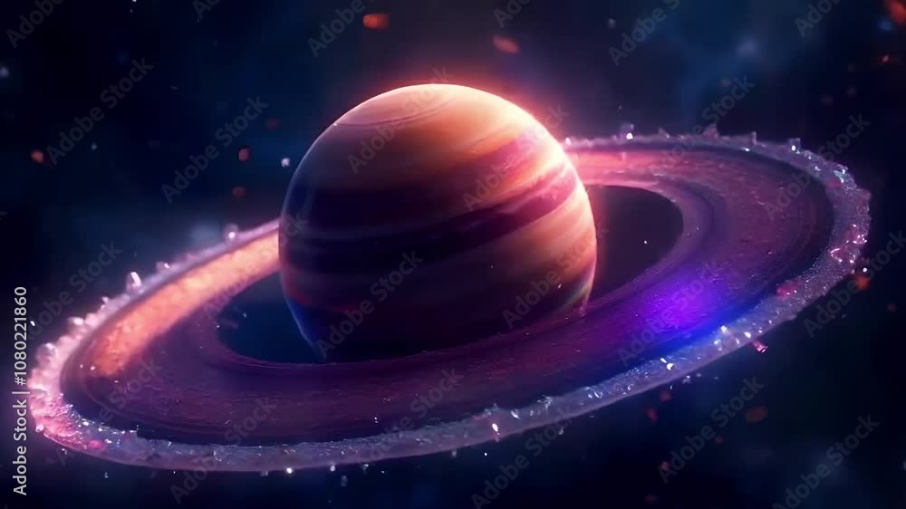 A vibrant planet slowly spins within a stable ring of translucent, crystal-like particles A vibrant planet slowly spins within a stable ring of translucent, crystal-like particles