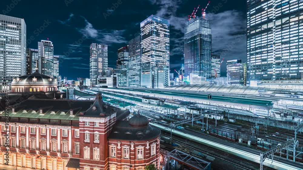 【東京都・千代田区】東京駅を走る電車の光跡と超高層ビル群の都市夜景 タイムラプス ズームアウト
The light trail of the train running through Tokyo Station and night view of the city skyscrapers - Tokyo, Japan - Time lapse video - zoom out 【東京都・千代田区】東京駅を走る電車の光跡と超高層ビル群の都市夜景 タイムラプス ズームアウト
The light trail of the train running through Tokyo Station and night view of the city skyscrapers - Tokyo, Japan - Time lapse video - zoom out