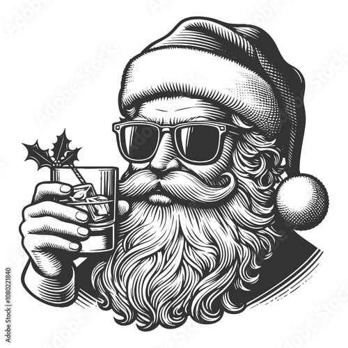 Santa Claus in sunglasses, enjoying a whisky cocktail with a lemon slice and ice cubes sketch engraving generative ai vector illustration. Scratch board imitation. Black and white image.