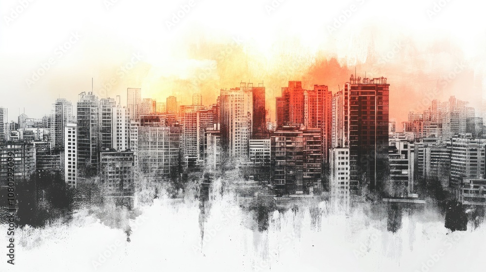 Watercolor painting of a cityscape with a sunset in the background. Watercolor painting of a cityscape with a sunset in the background.