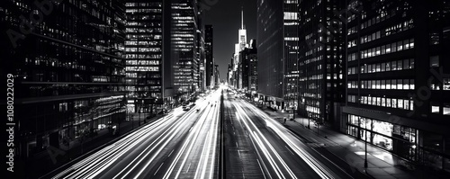 High-contrast black and white photo of a city street illuminated by artificial lights, sharp shadows, moody ambiance