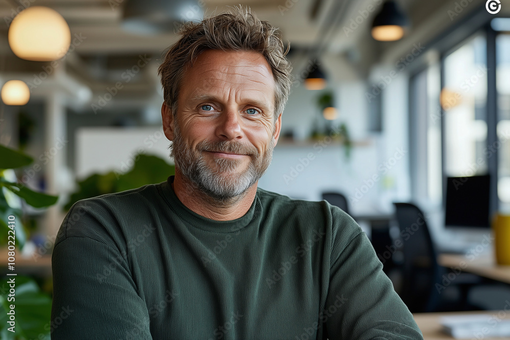 Naklejka premium A bright sunlit portrait of businessperson in modern office setting, exuding confidence and approachability. warm atmosphere enhances professional vibe