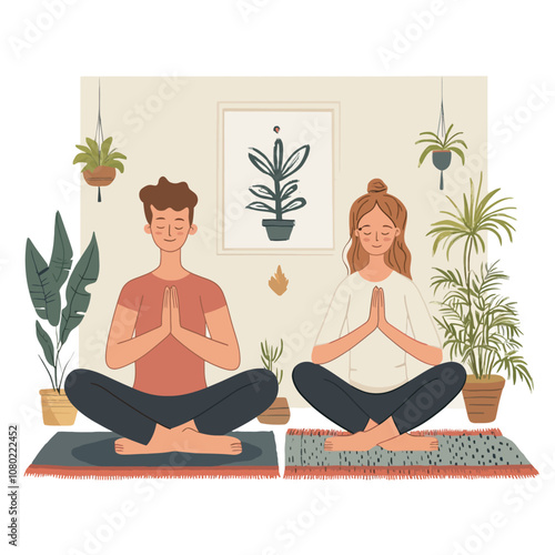 Young man and woman meditating in lotus position. Vector illustration..eps